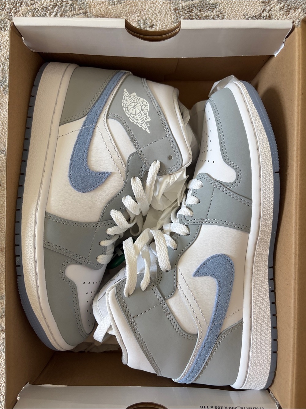 Air Jordan 1 Mid Grey, Blue and White Sneakers